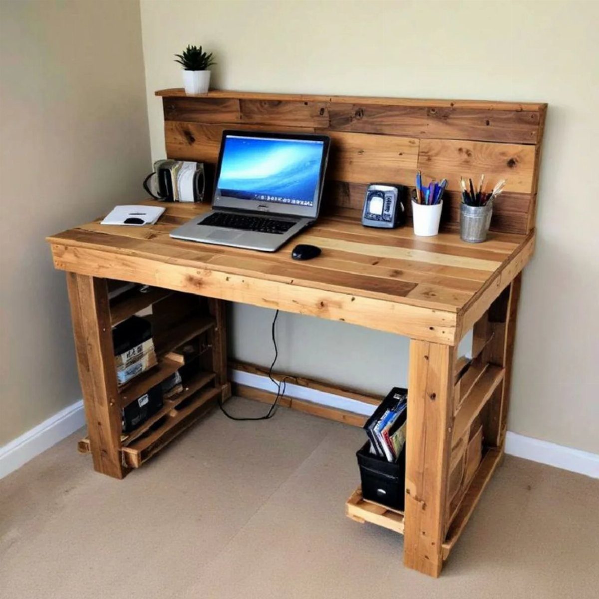 Reclaimed wood desk with a laptop and office supplies against a beige wall.