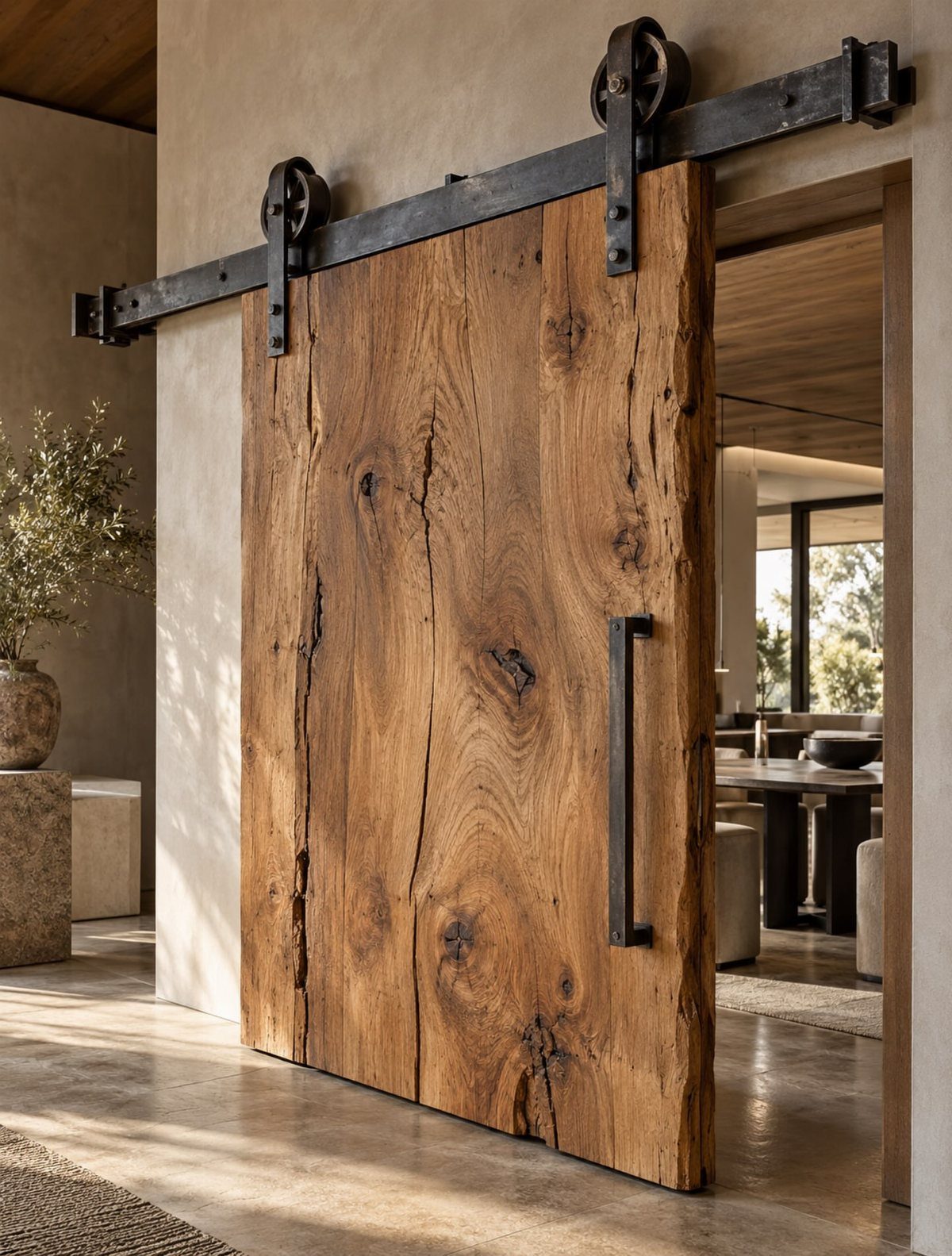 Rustic reclaimed wood sliding barn door on a black metal industrial track.