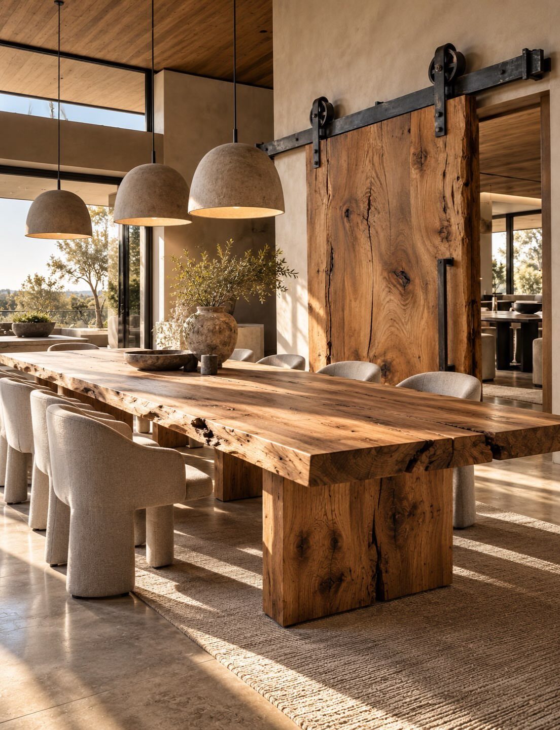 Long reclaimed wood dining table with live edge and neutral upholstered chairs.