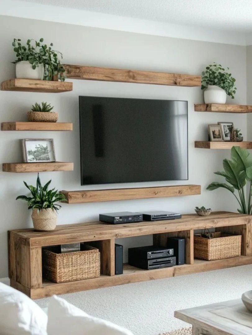 Rustic reclaimed wood TV stand with open shelving and floating wall shelves.