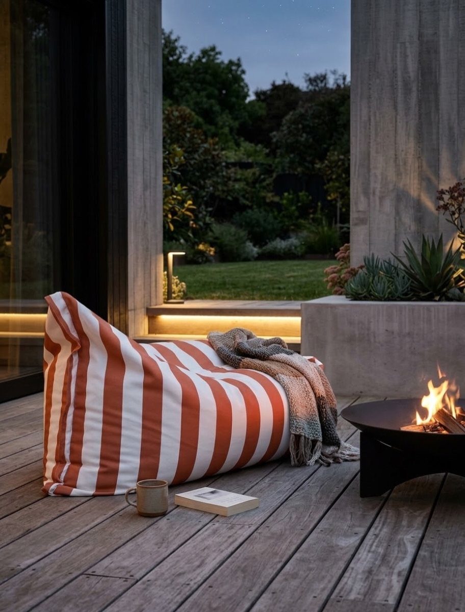 29 Scandinavian Outdoor Furniture for Patios and Gardens 21 Red and white striped outdoor bean bag on a wooden deck by a fire pit.