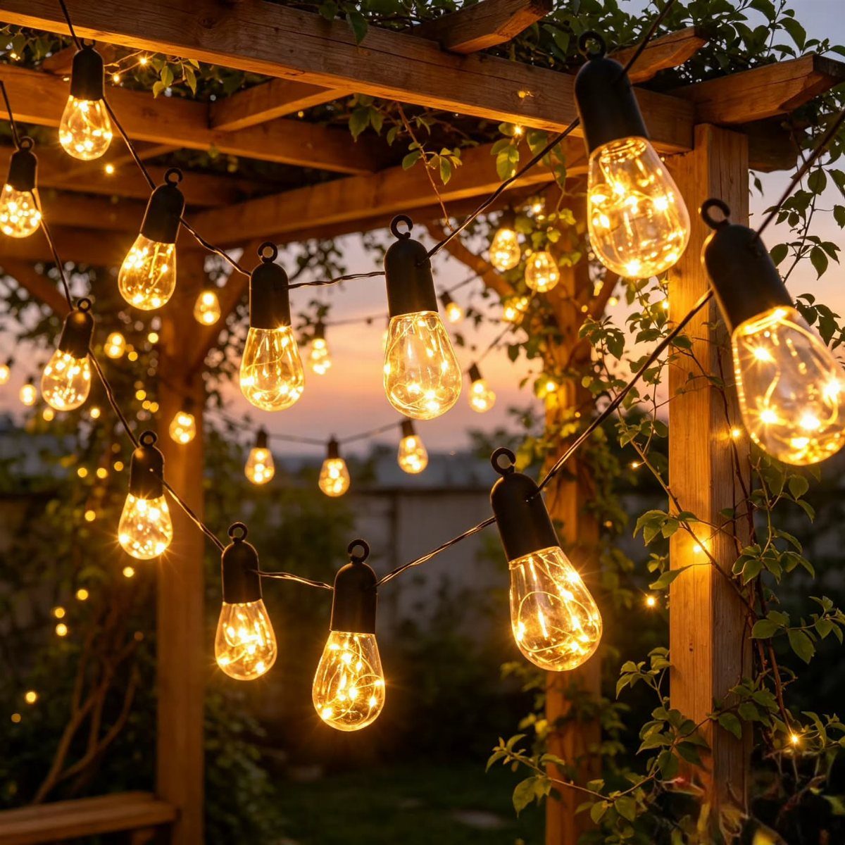 29 Scandinavian Outdoor Furniture for Patios and Gardens 17 Glowing Edison-style string lights hanging from a wooden garden pergola at dusk.