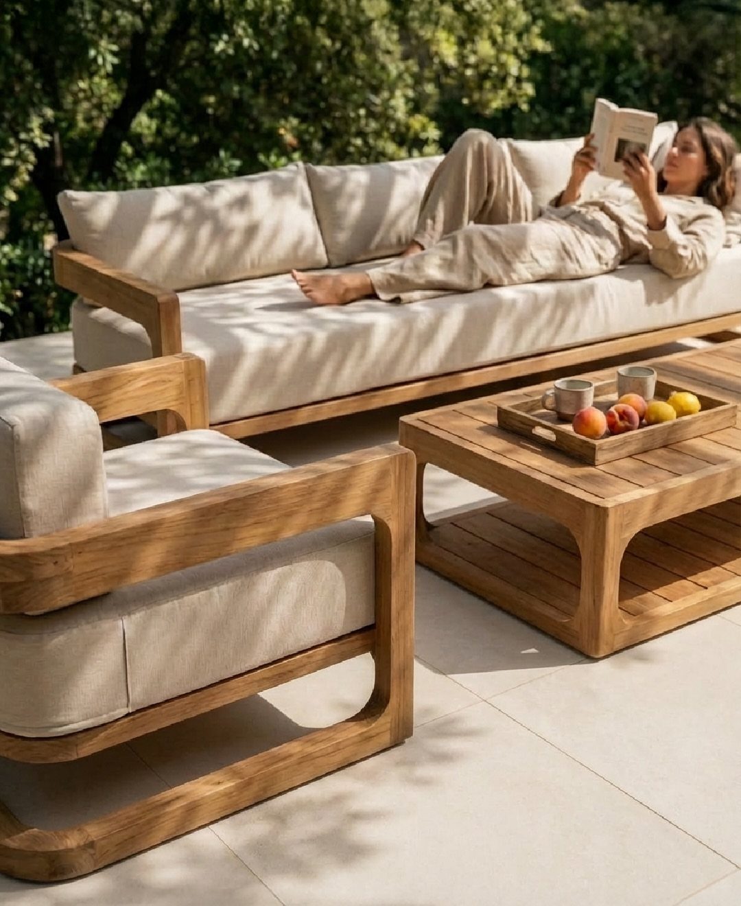 29 Scandinavian Outdoor Furniture for Patios and Gardens 10 Wooden outdoor sofa with cream cushions and a matching armchair on a patio.