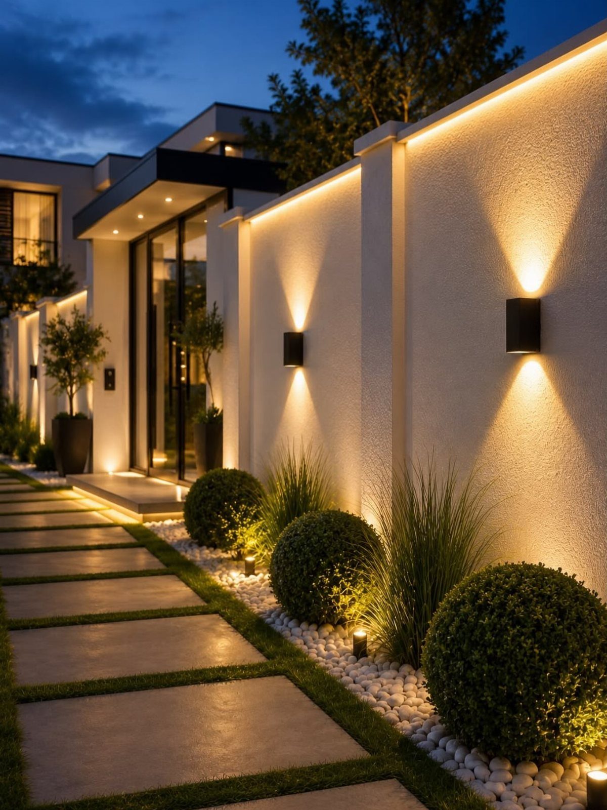 29 Scandinavian Outdoor Furniture for Patios and Gardens 16 Black rectangular outdoor wall lights casting warm light on a white textured wall