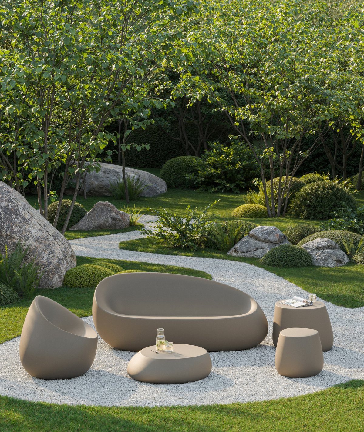 29 Scandinavian Outdoor Furniture for Patios and Gardens 22 Taupe rounded outdoor lounge furniture set on a white gravel garden path