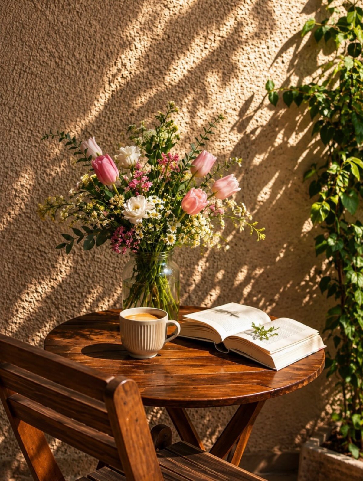 29 Scandinavian Outdoor Furniture for Patios and Gardens 28 Wooden outdoor table and chair with flowers, coffee, and a book against a wall