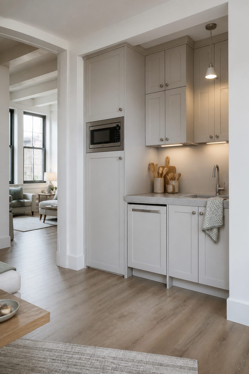A microwave integrated into cabinetry to save counter space.