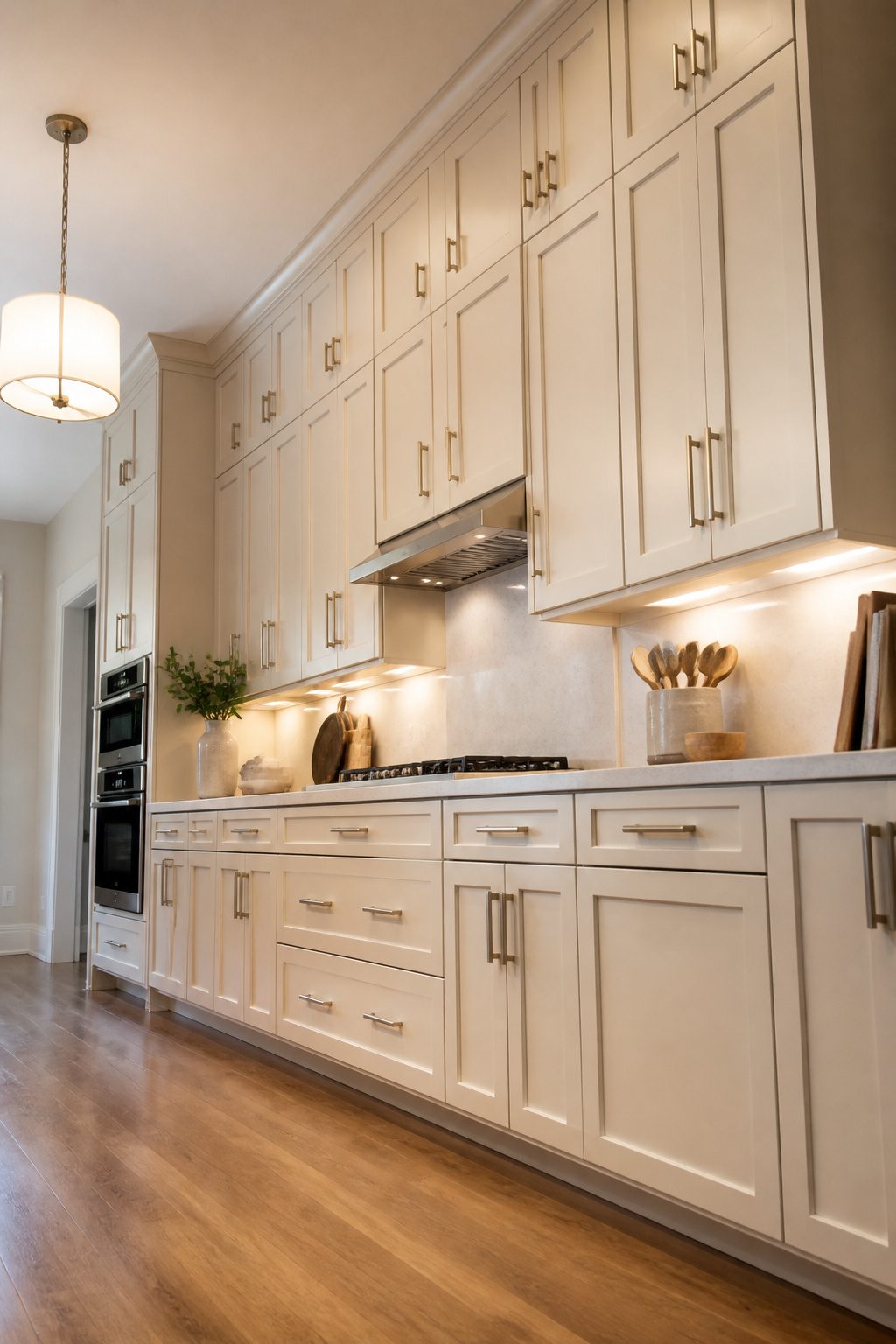 Ceiling-height cabinets providing additional storage in a small kitchen.