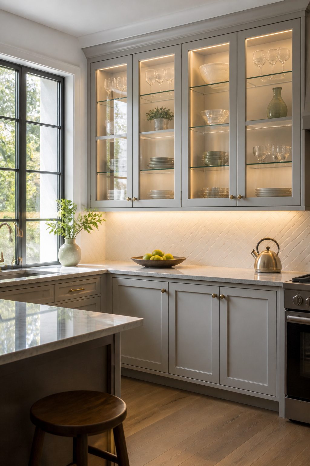 A kitchen with glass-front cabinets displaying decorative glassware.