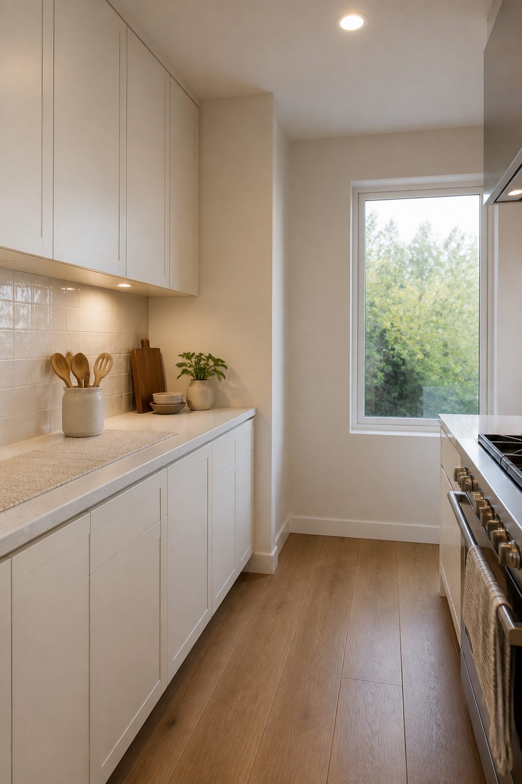 A kitchen featuring handle-free cabinet fronts for a clean appearance.