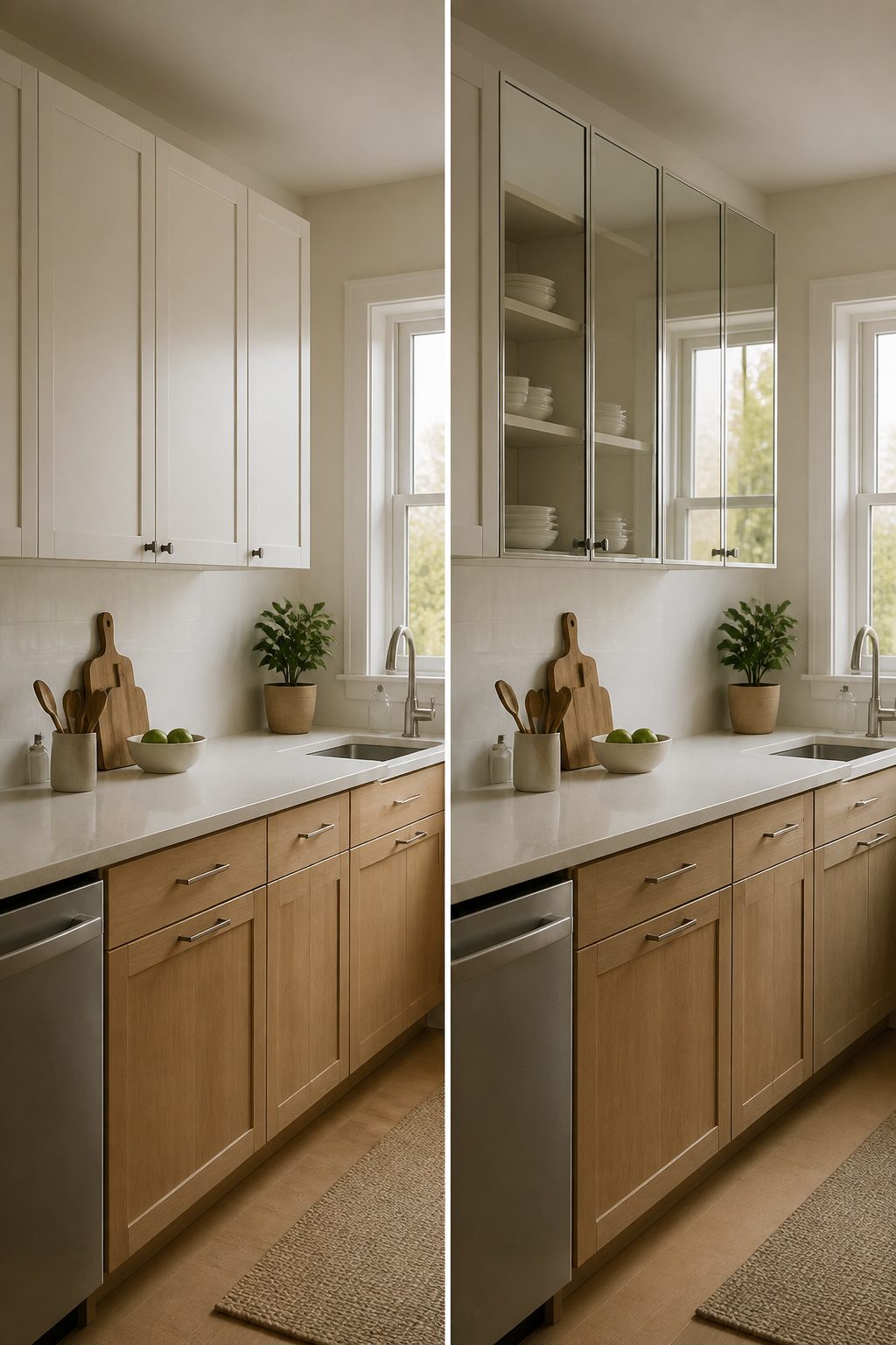 A kitchen featuring mirrored cabinet fronts for a bright effect.