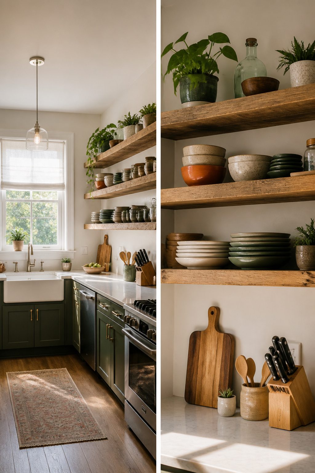 Open shelving in a kitchen displaying neatly arranged dishware.