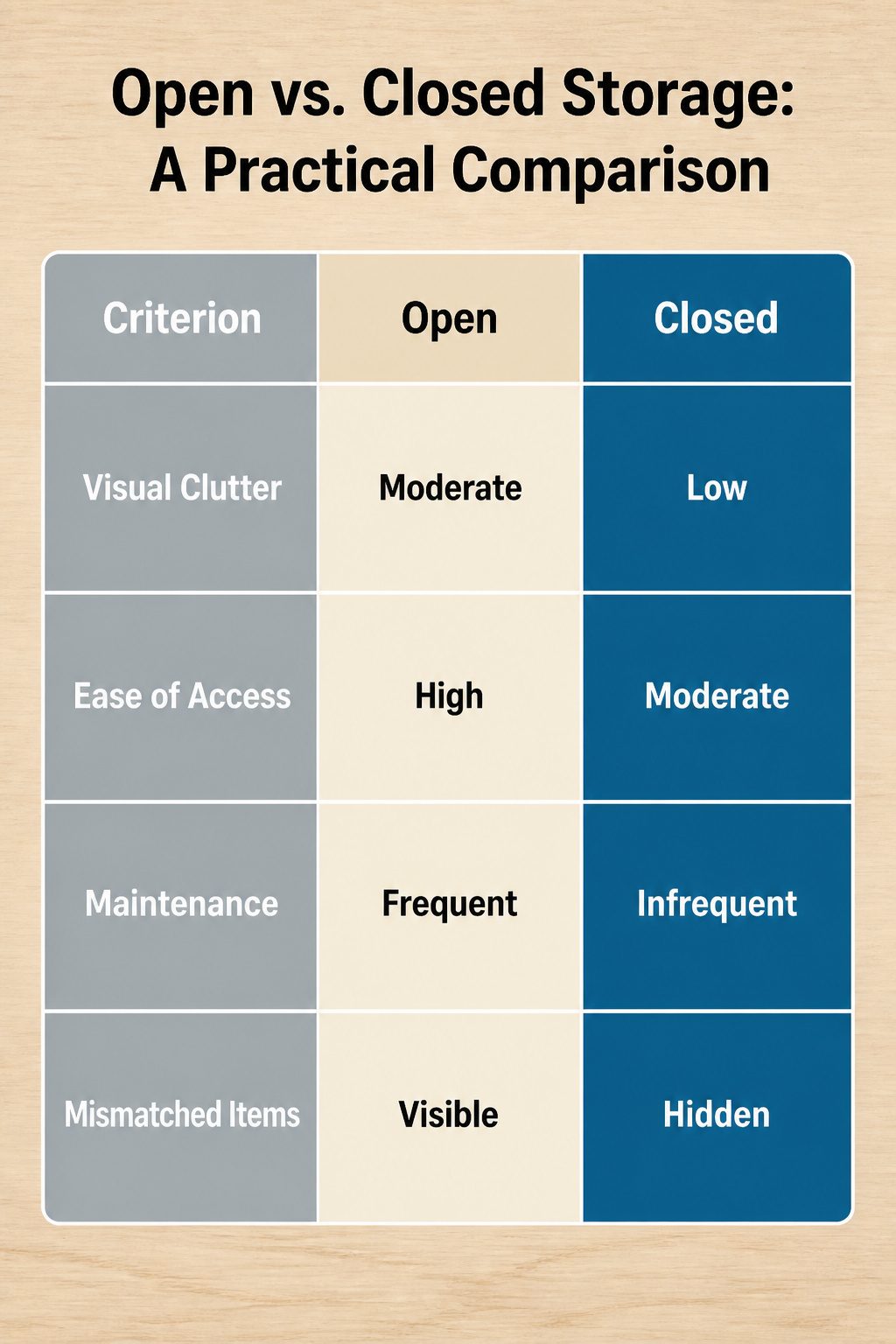 A practical comparison of open shelving and closed cabinetry.