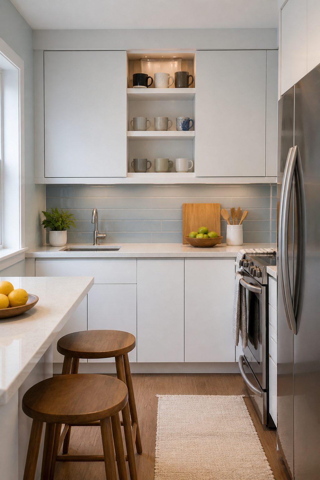 Upper cabinets with sliding doors in a compact kitchen.