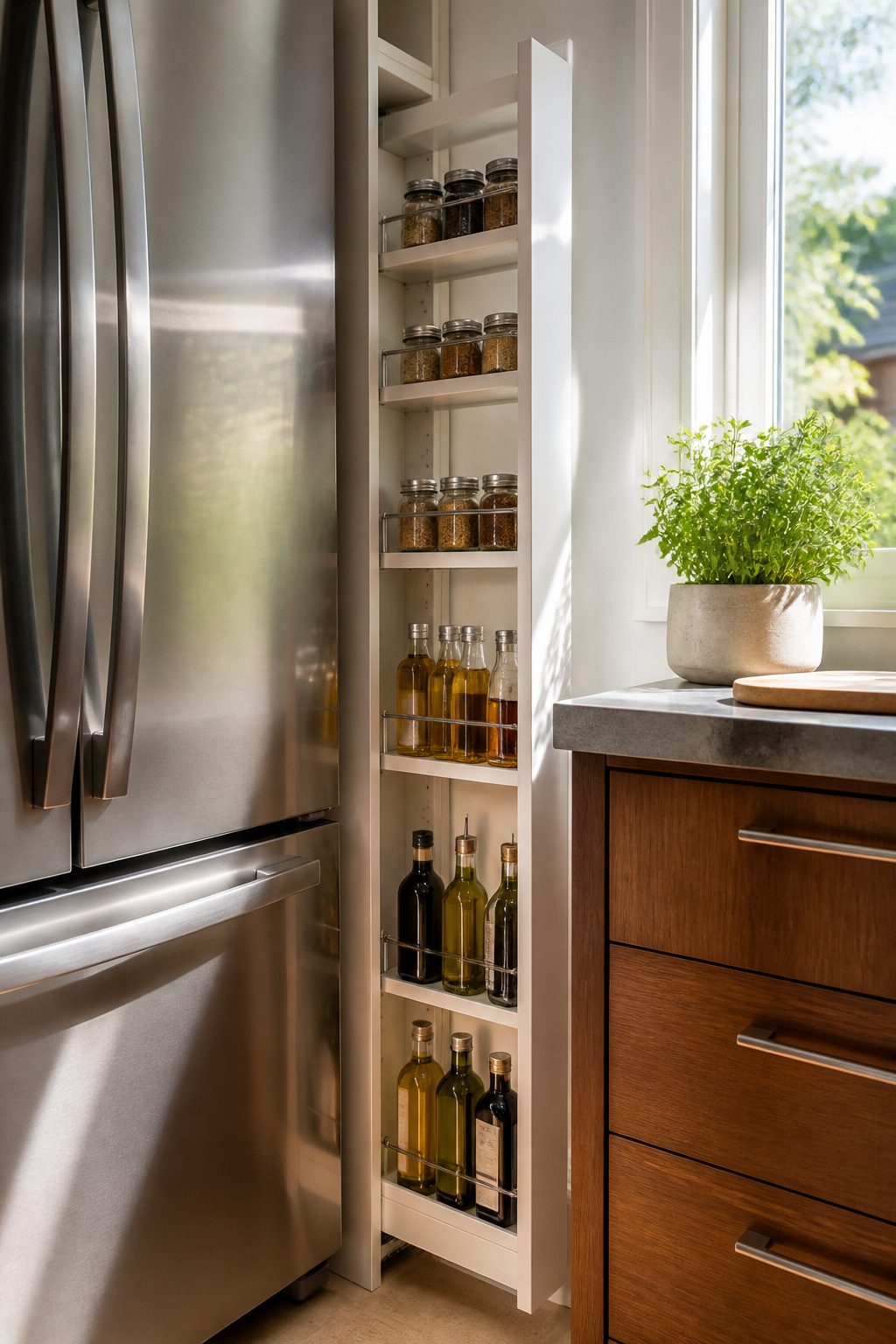 A narrow pull-out cabinet between a refrigerator and wall for spices.