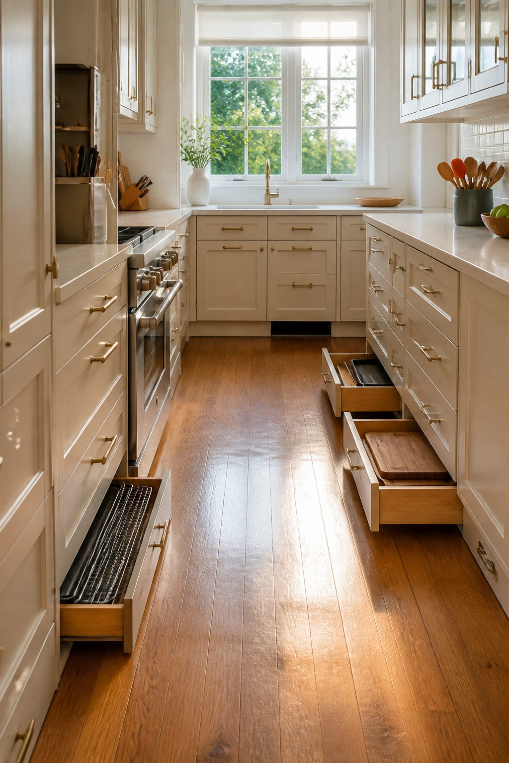 Toe-kick drawers beneath cabinets for storing baking sheets and boards.