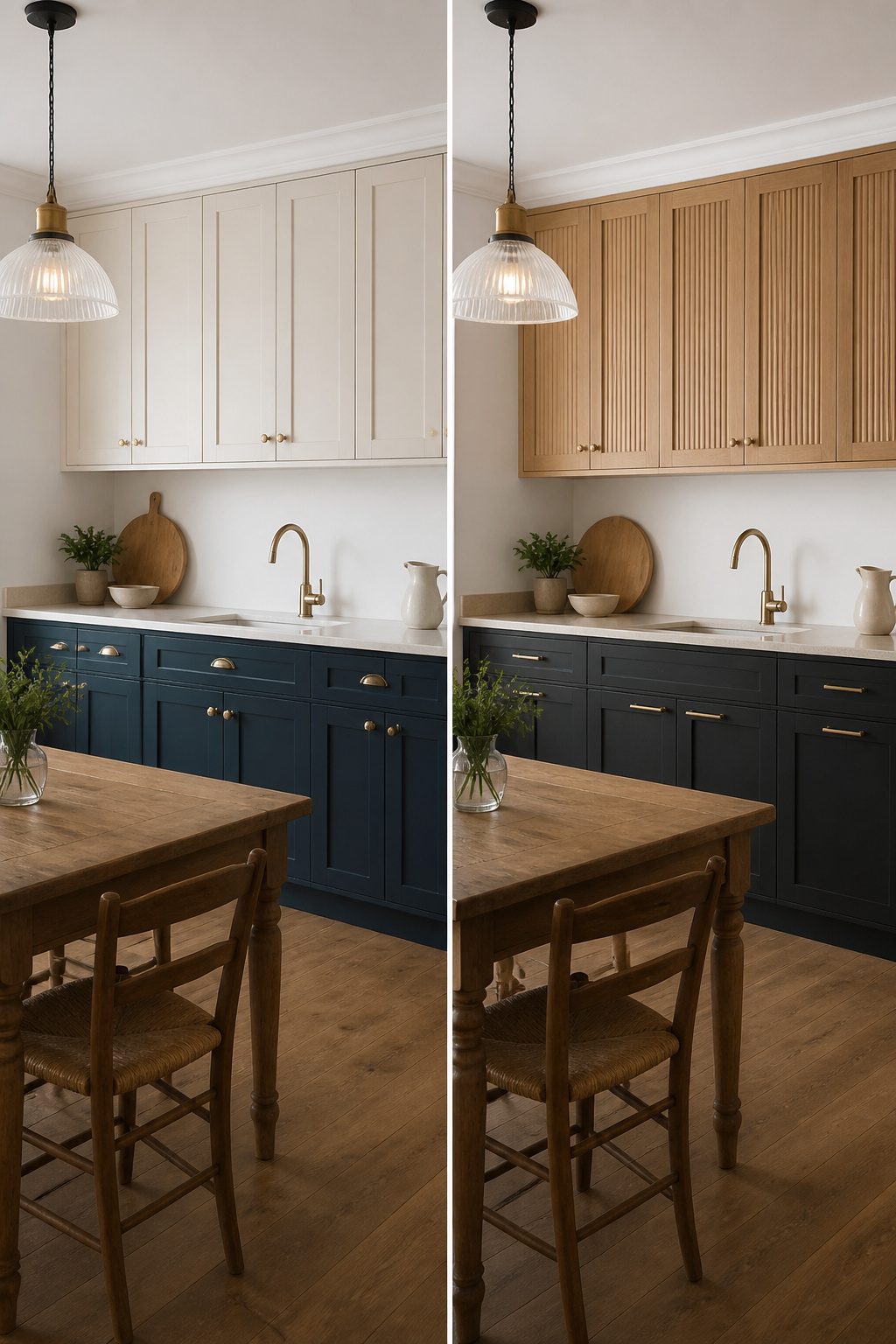 A kitchen with lighter upper cabinets and darker lower cabinets.