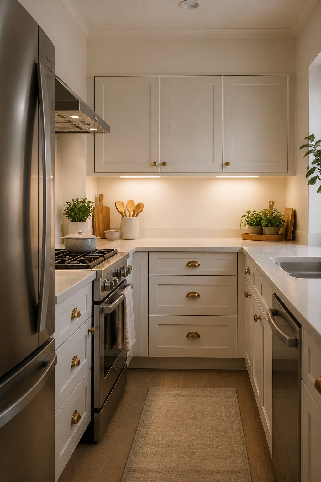 LED under-cabinet lighting illuminating countertops in a small kitchen.