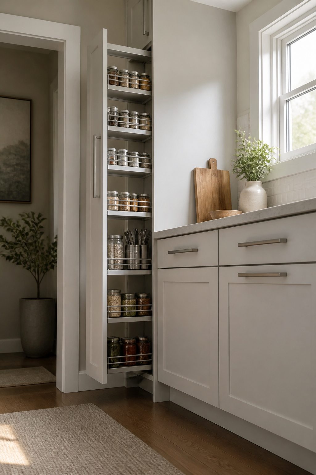 A tall pull-out pantry cabinet in a small kitchen.