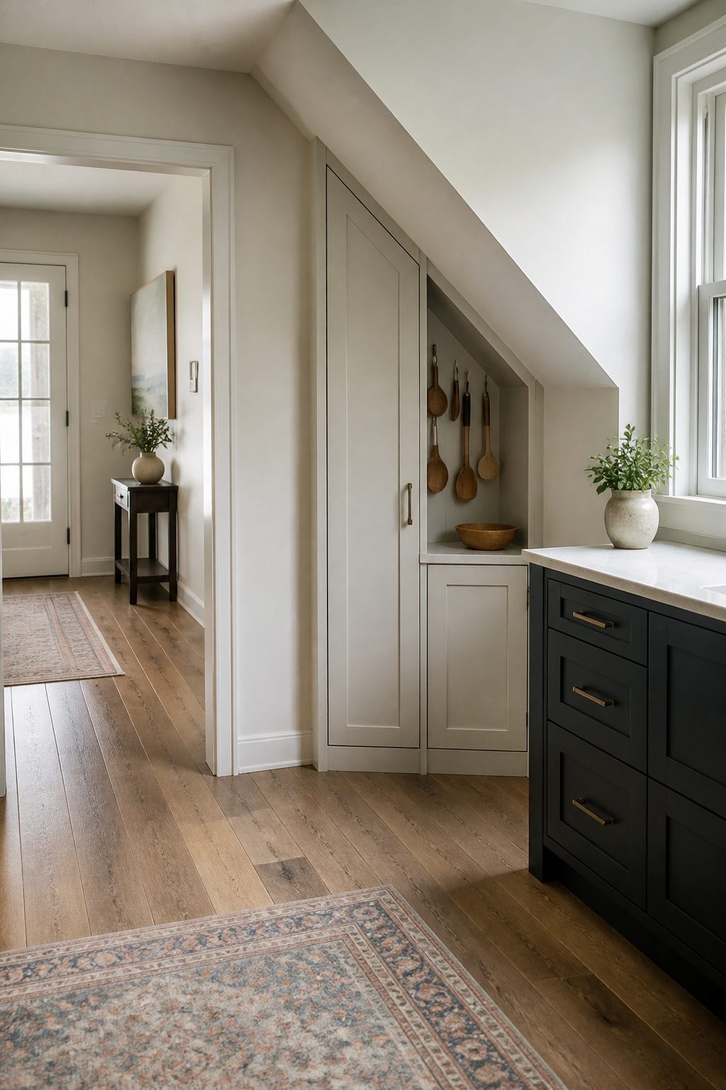 Custom cabinets fitted into a sloped ceiling in a kitchen.