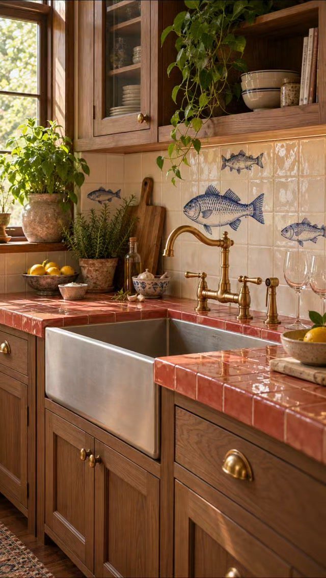 Small kitchen with red tile countertops and blue fish patterned backsplash tiles.