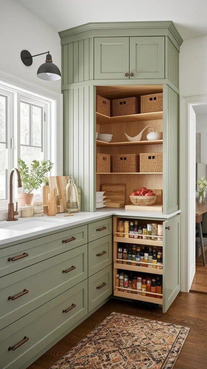 Sage green kitchen corner with a pull-out spice rack and open shelving baskets.