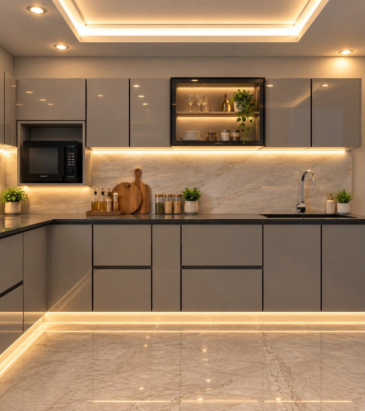 Modern U-shaped kitchen with glossy grey cupboards, black countertops, and warm integrated lighting.