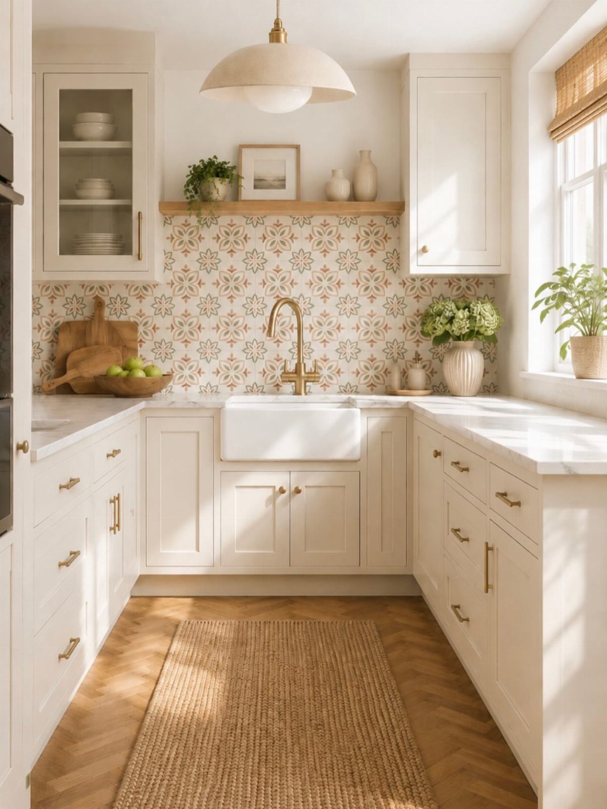 White U-shaped kitchen with light color palette, patterned backsplash and farmhouse sink.