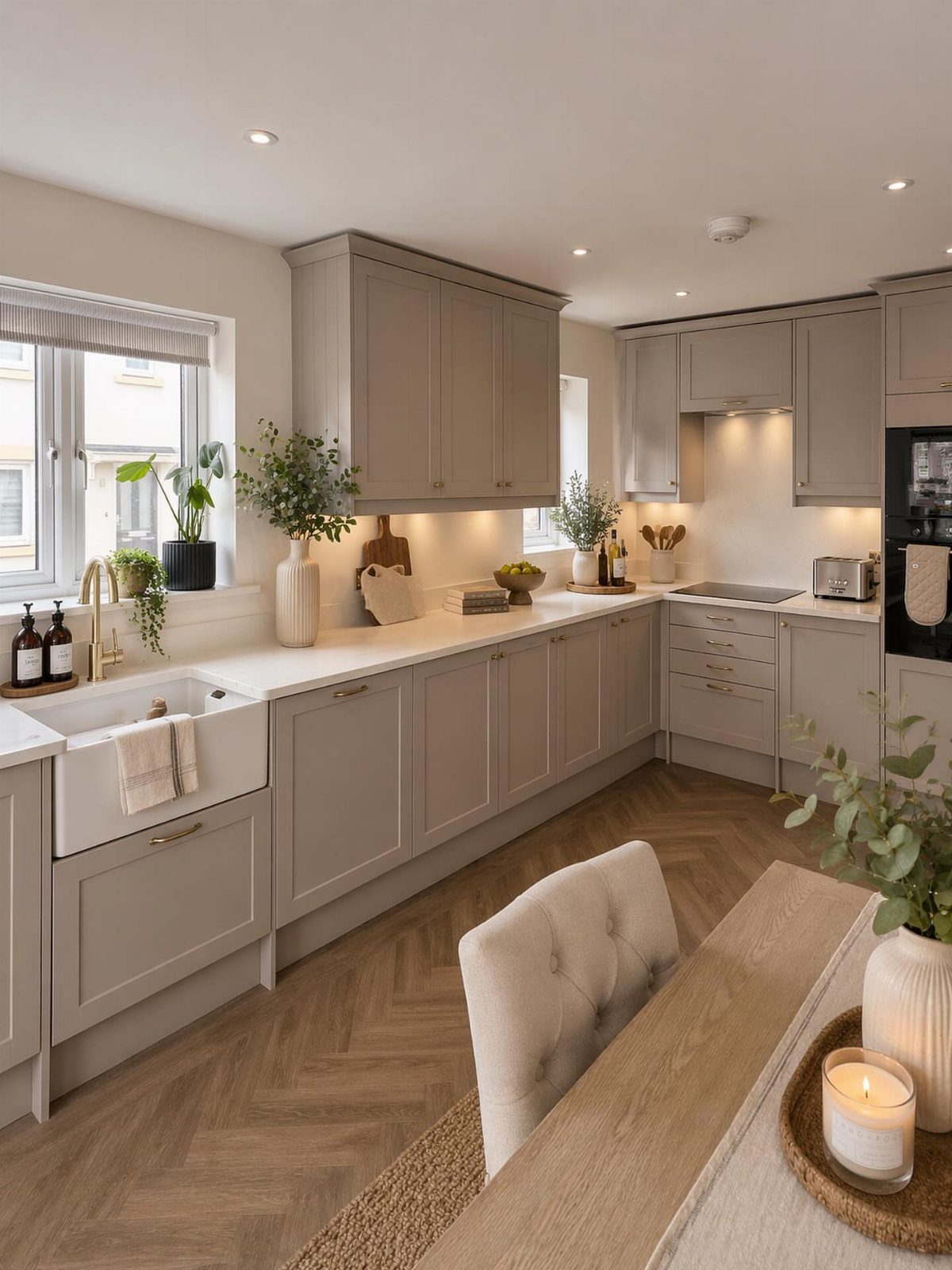 Light grey U-shaped kitchen with white countertops and herringbone wood flooring.