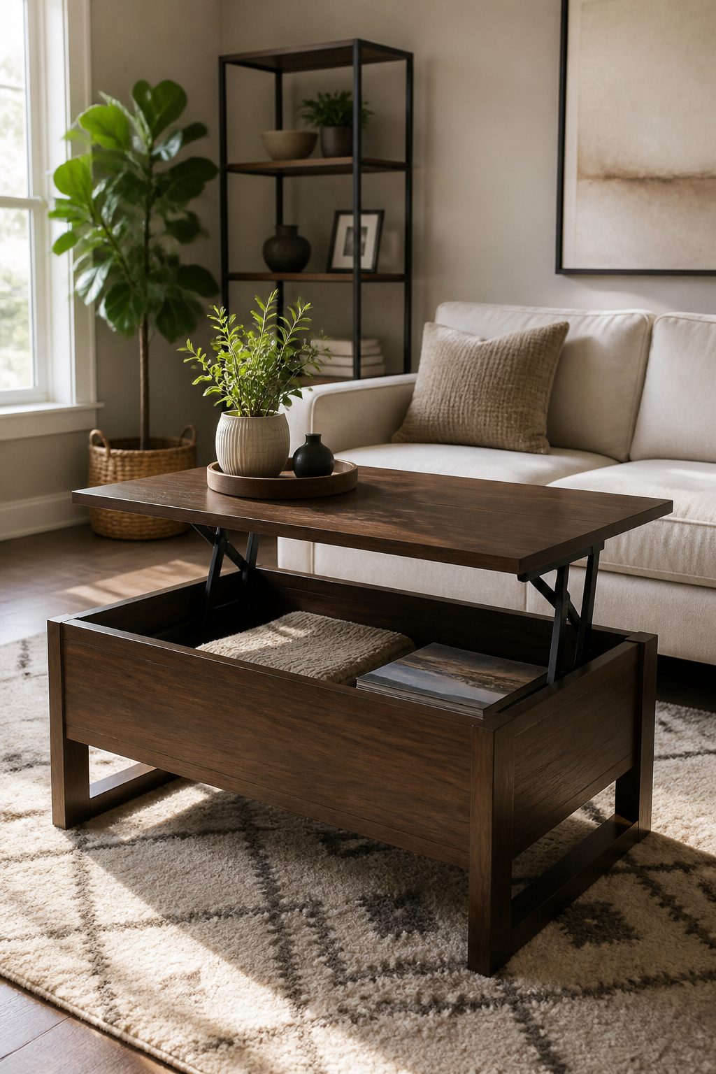 A sleek coffee table with a lift-top revealing hidden storage.