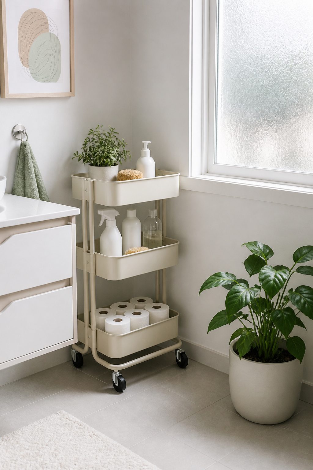 A rolling storage cart in a bathroom containing cleaning supplies.