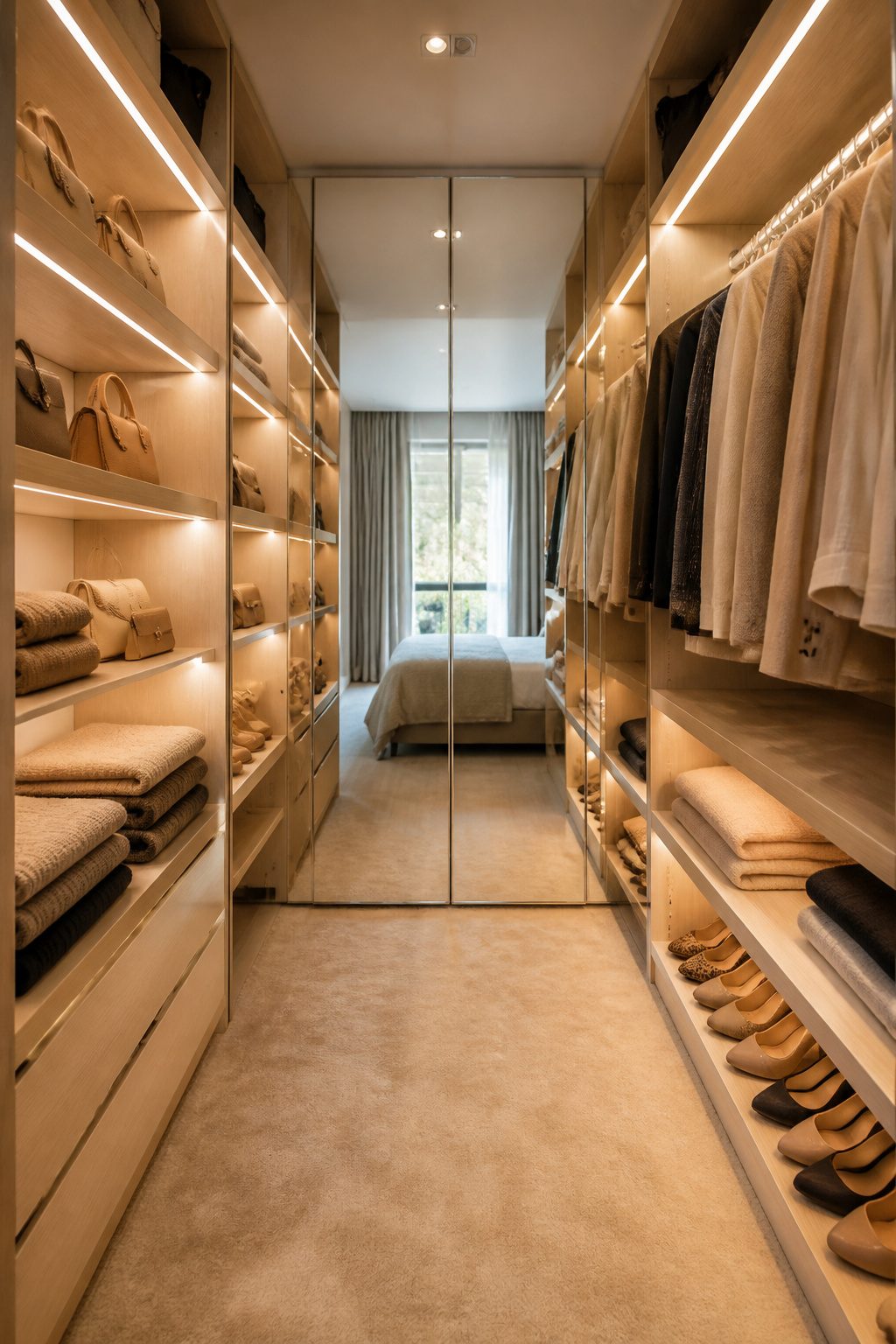 Battery-powered LED strips installed under a closet rod for lighting.