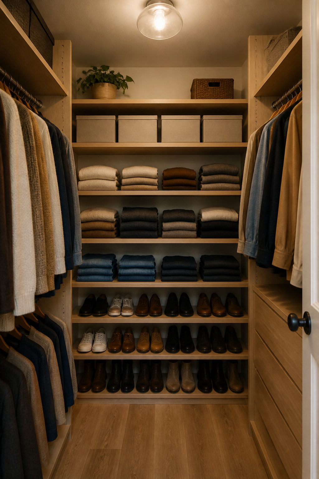 A small walk-in closet with light wood built-in shelves along the back wall.