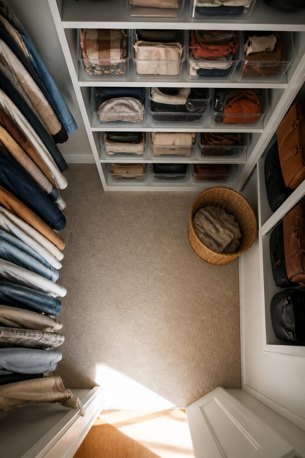 Clear rectangular storage bins filled with accessories on closet shelves.
