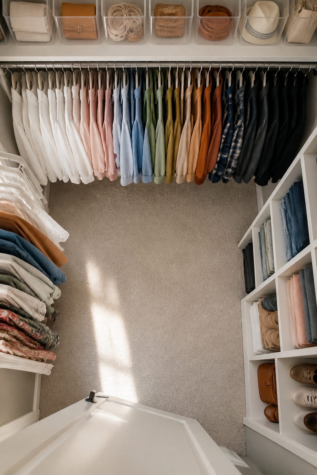 Shirts arranged by color on hangers in a small walk-in closet.