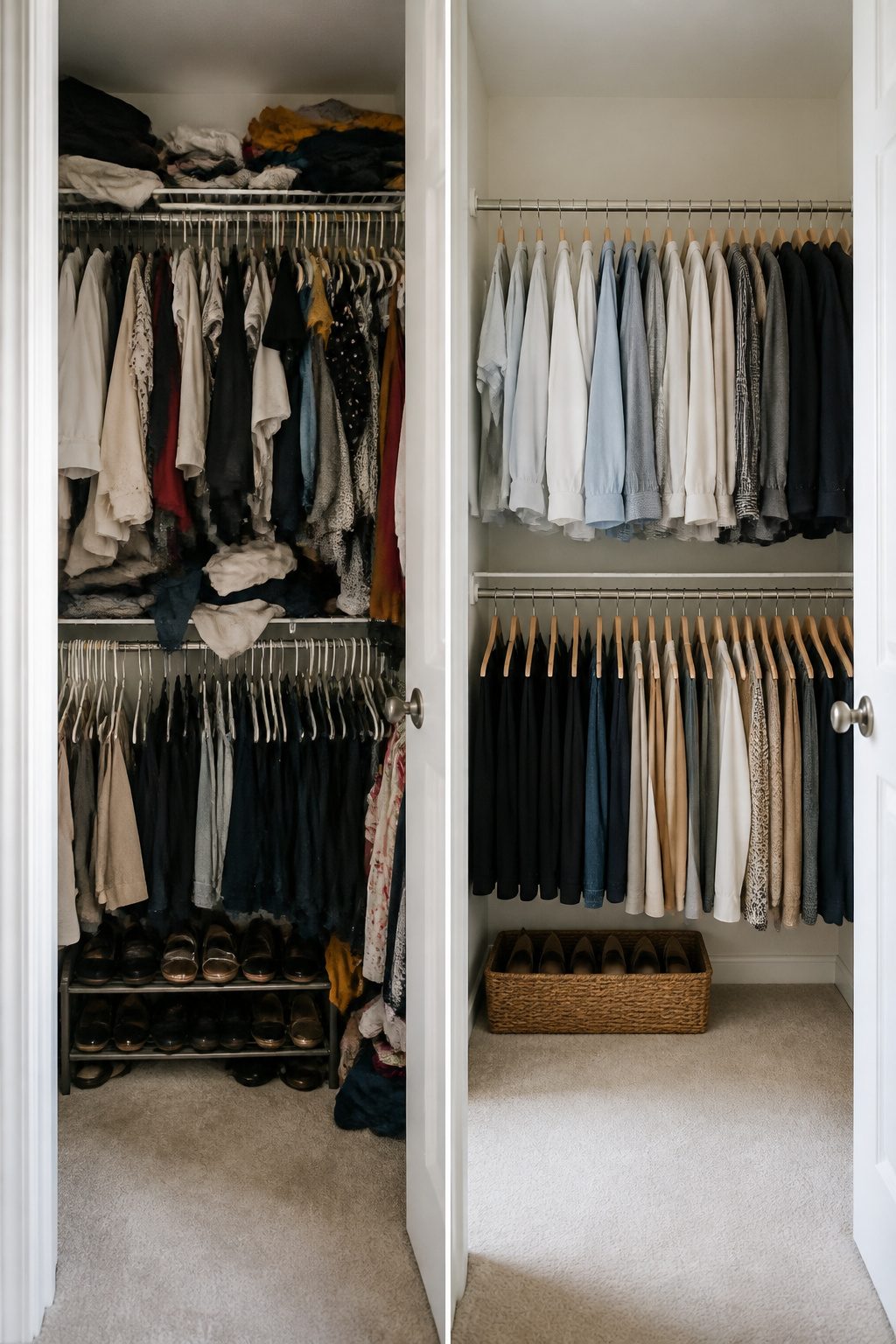 A small walk-in closet featuring double hanging rods at different heights.