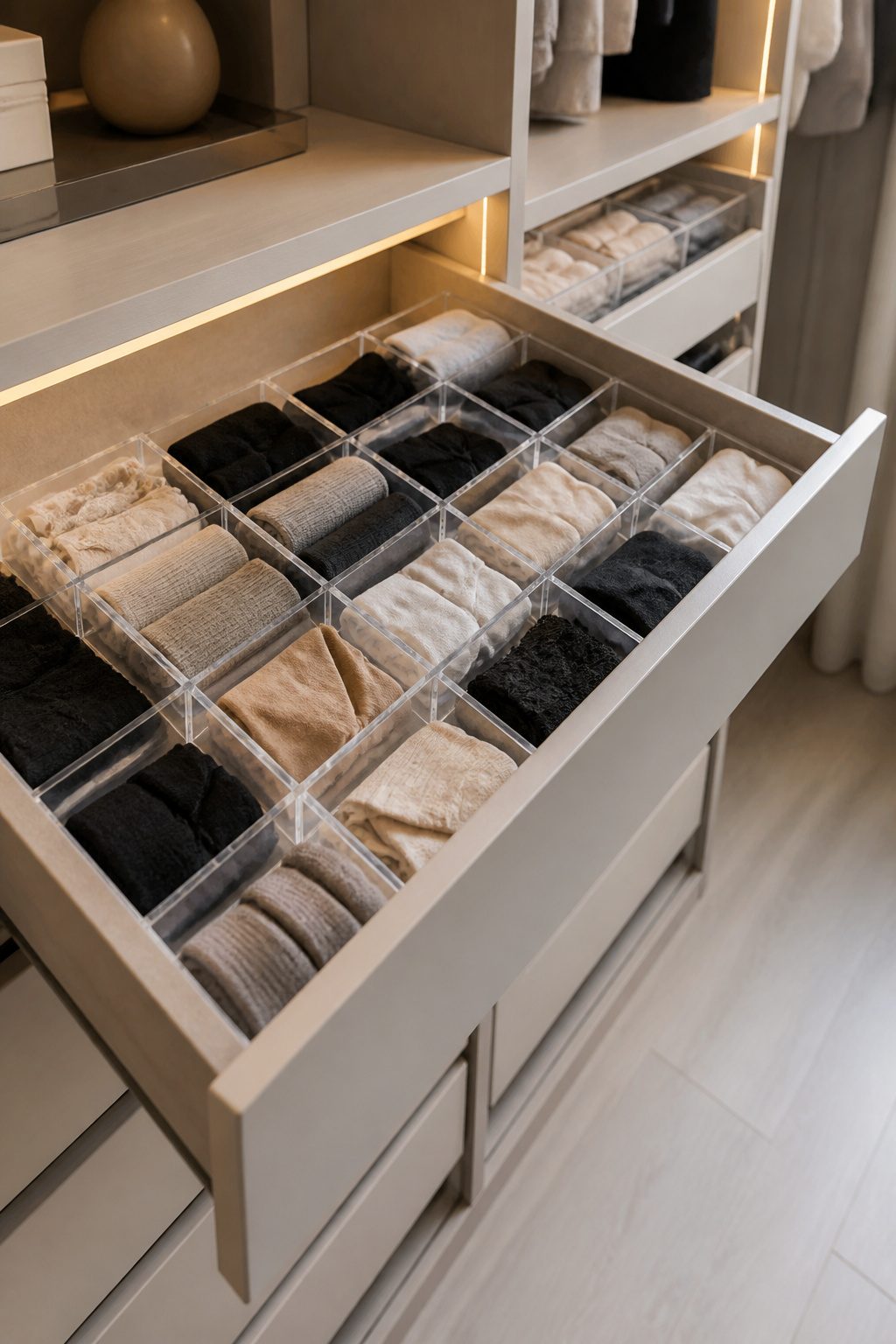 An organized drawer with adjustable dividers for socks and accessories.