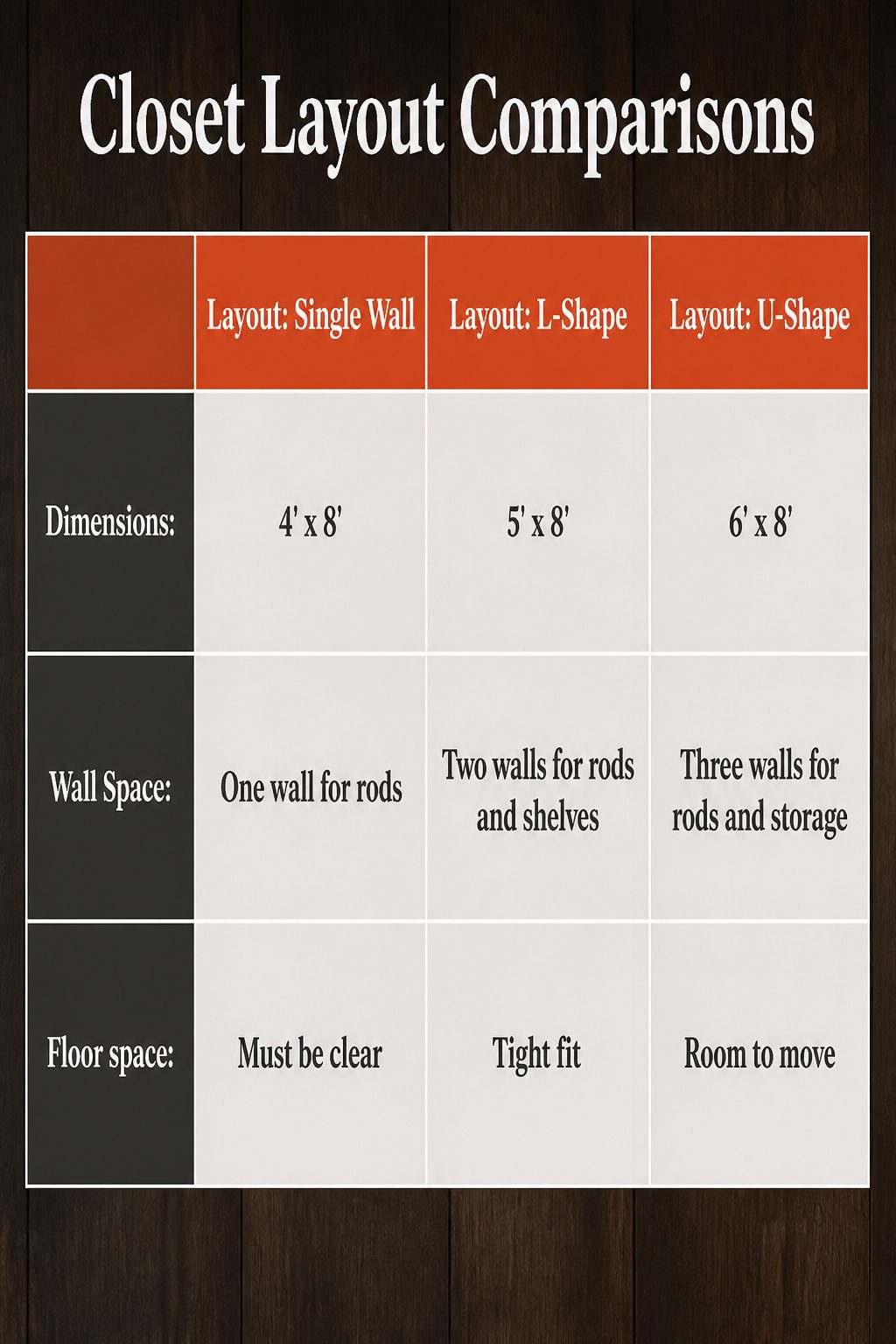 Comparative layouts for organizing space in small walk-in closets.