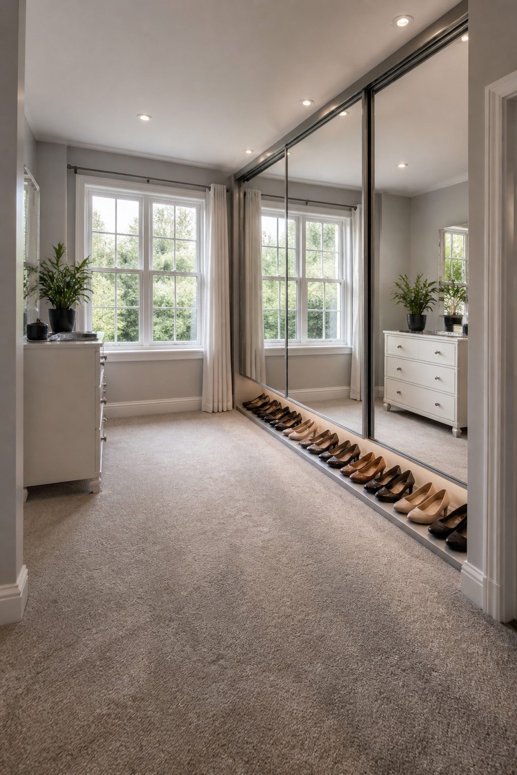 Sliding mirrored wardrobe doors in a small walk-in closet.