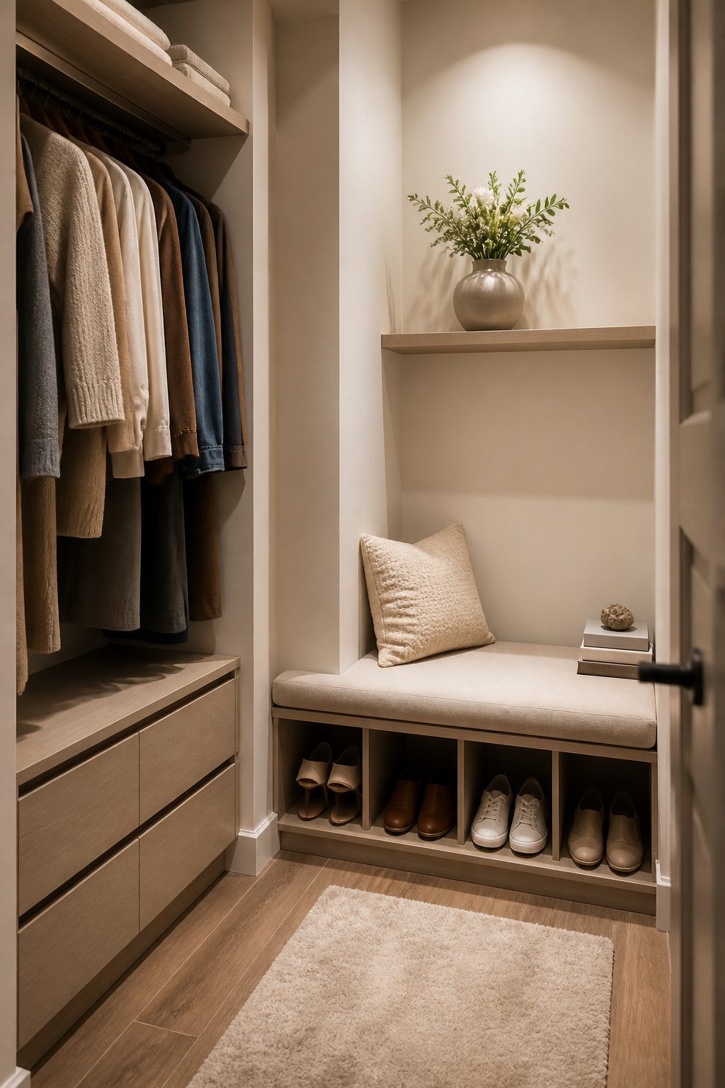 A padded bench with cubbies for storage in a small walk-in closet.