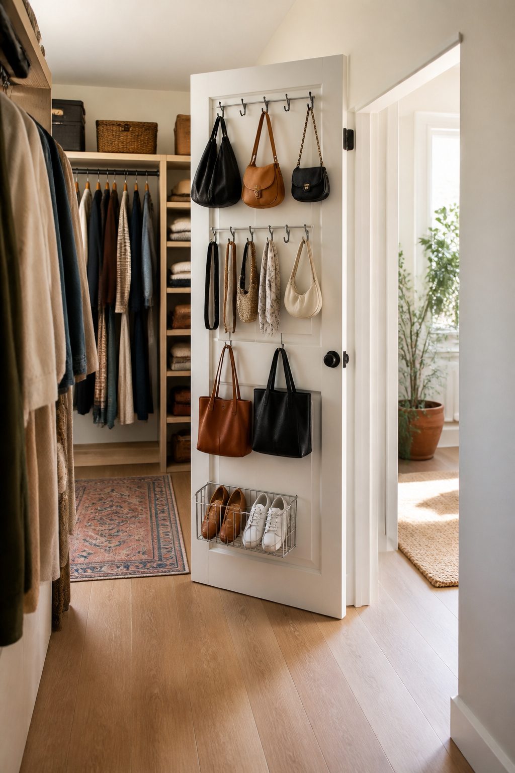 Hooks mounted on the back of a closet door for bags and accessories.