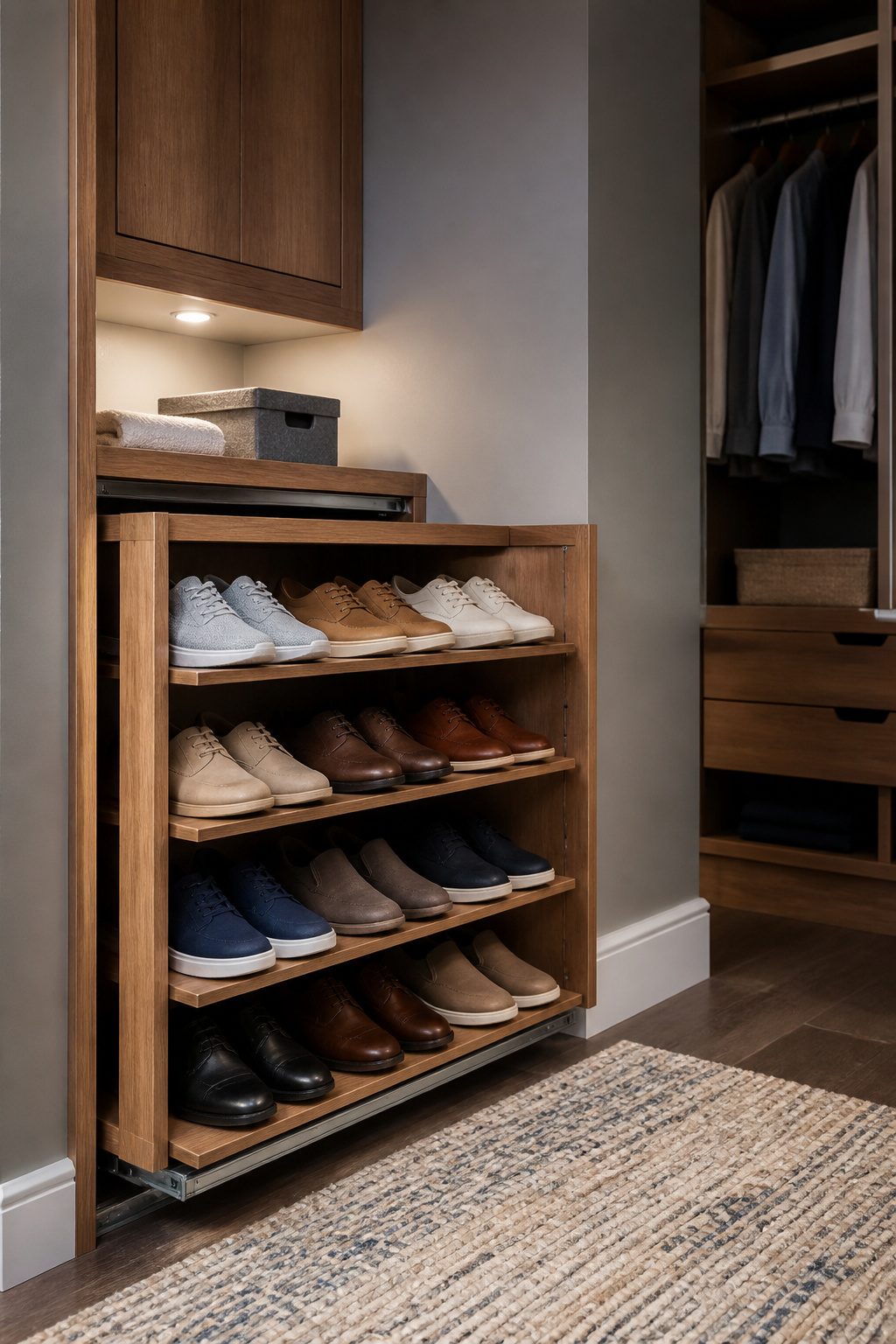A compact pull-out shoe rack displaying various types of shoes.