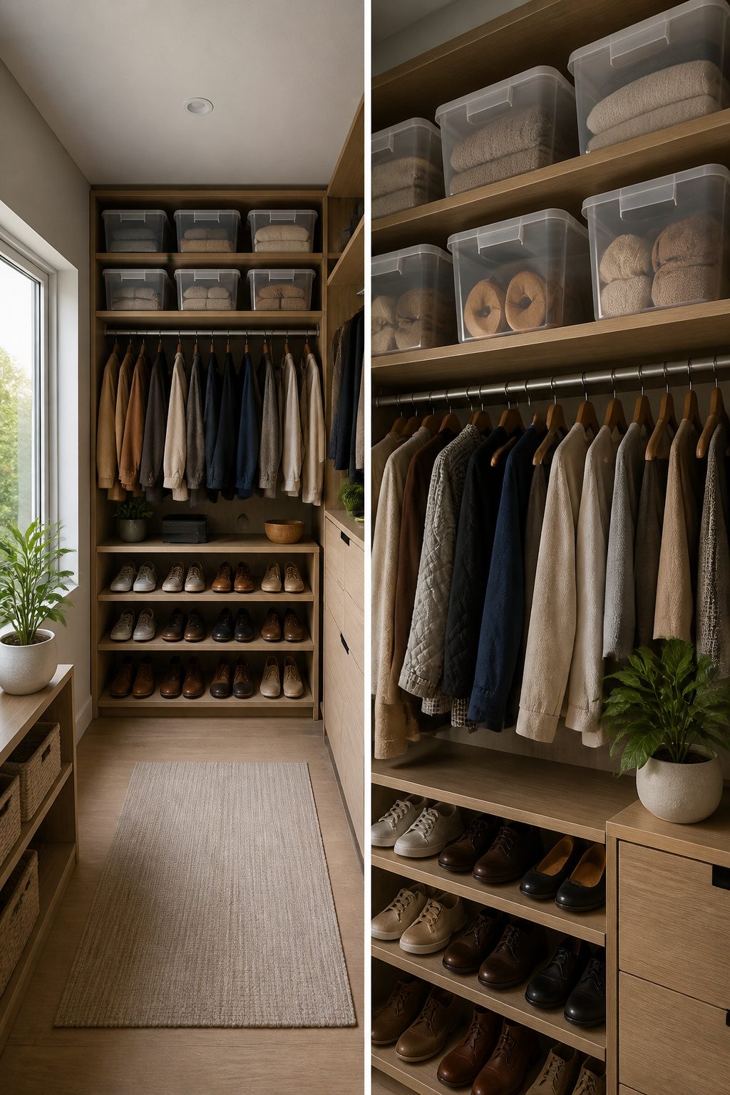 A small walk-in closet with labeled bins for off-season clothing.