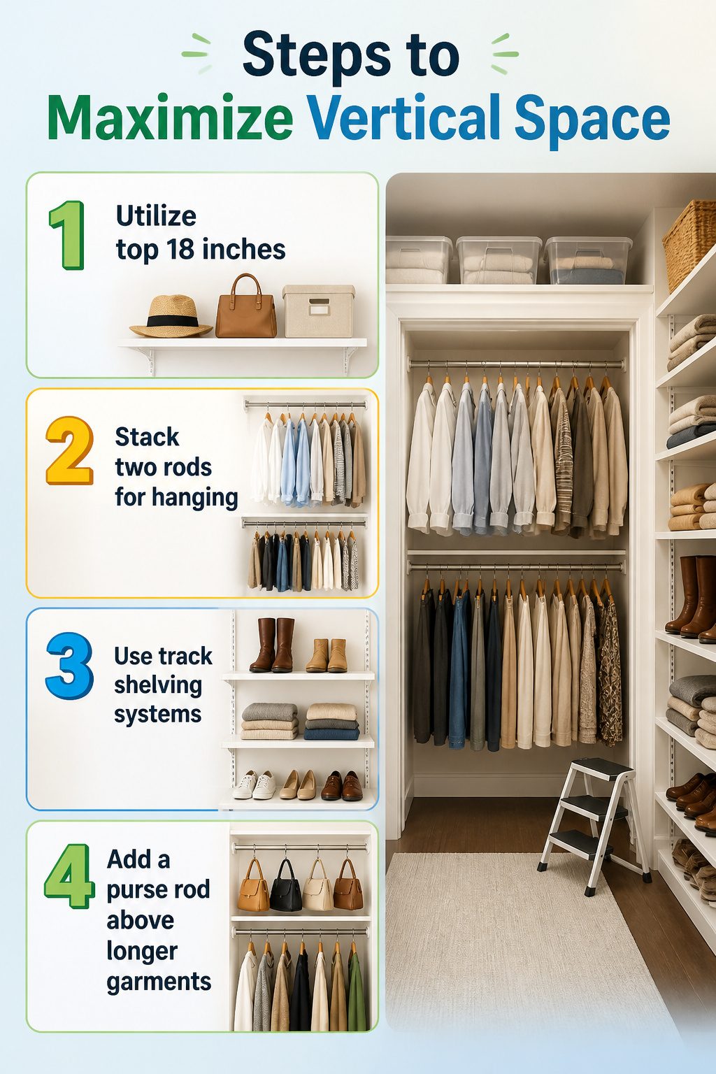 Steps for utilizing vertical space in a small walk-in closet.