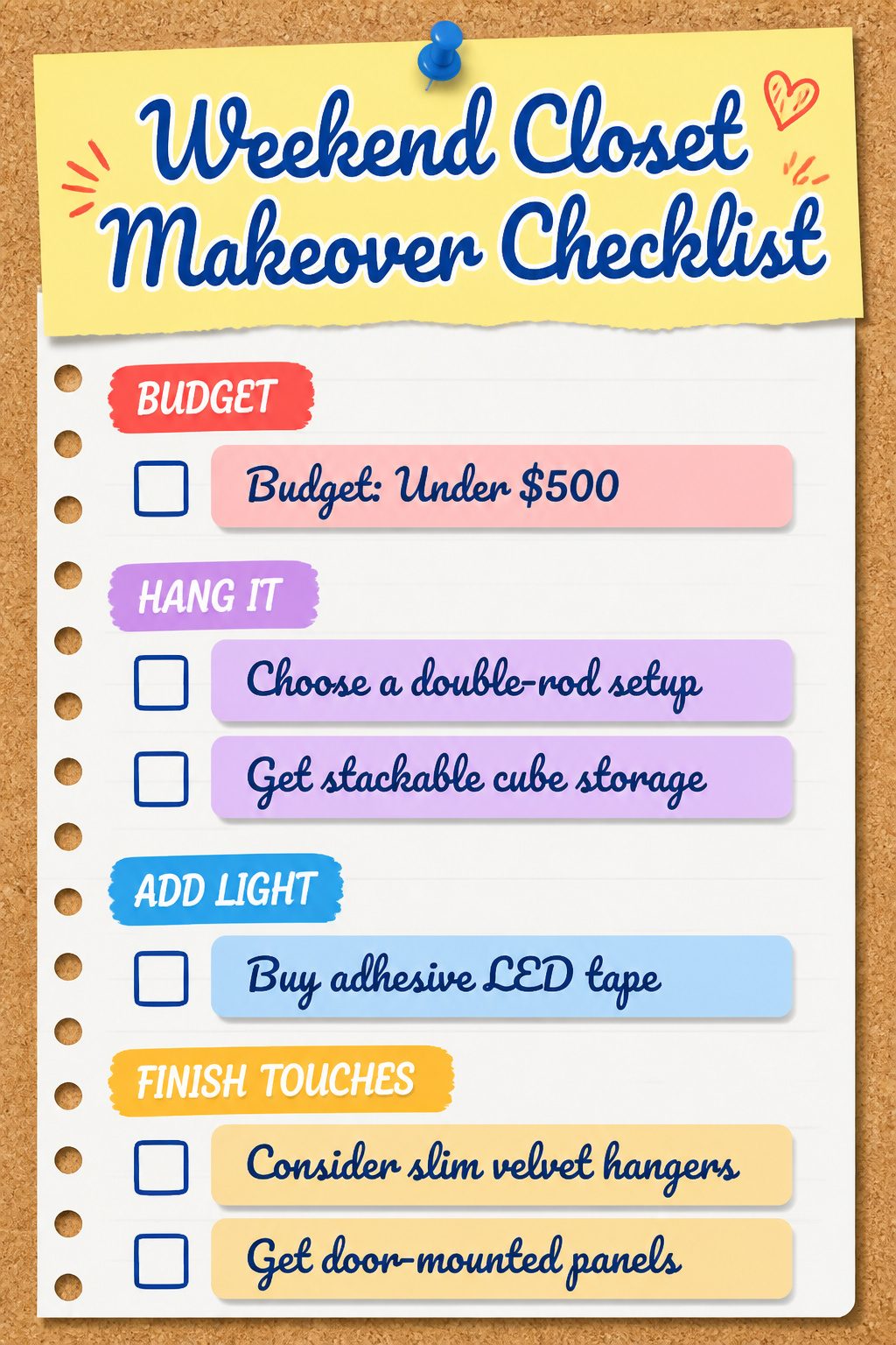 A checklist for planning a small closet makeover on a budget.