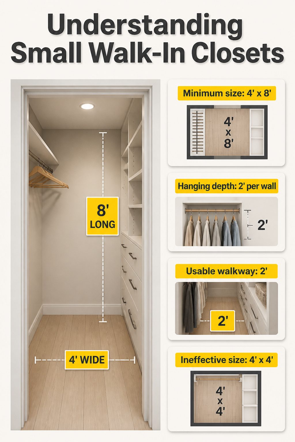 An informational image detailing the dimensions of small walk-in closets.