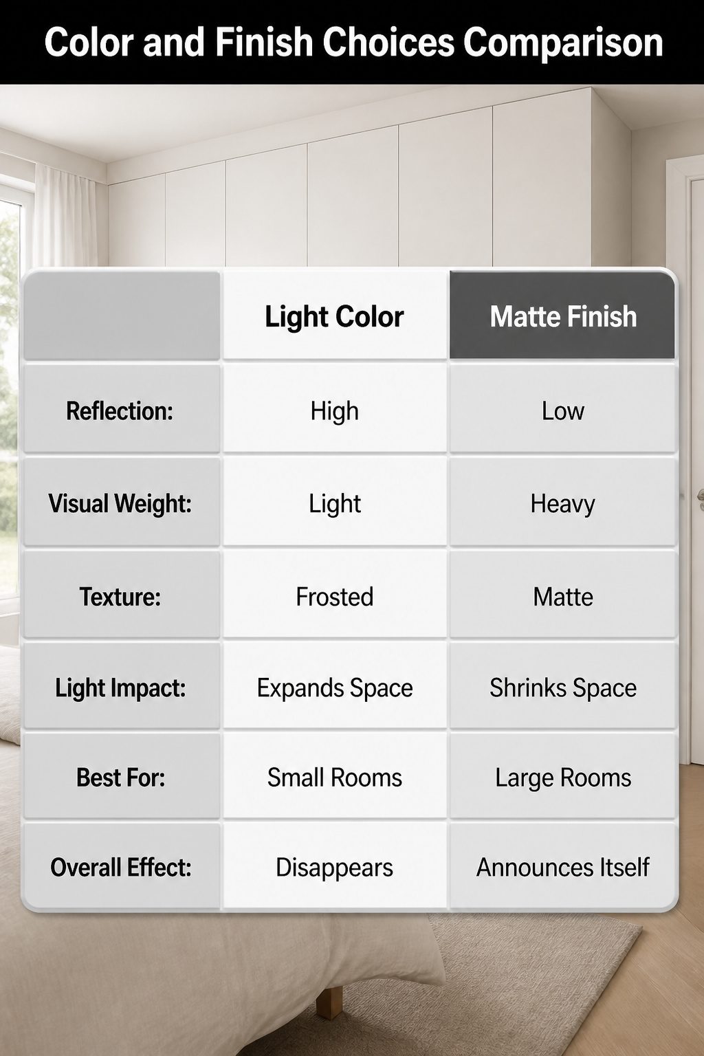 A comparison of color and finish choices for wardrobes.