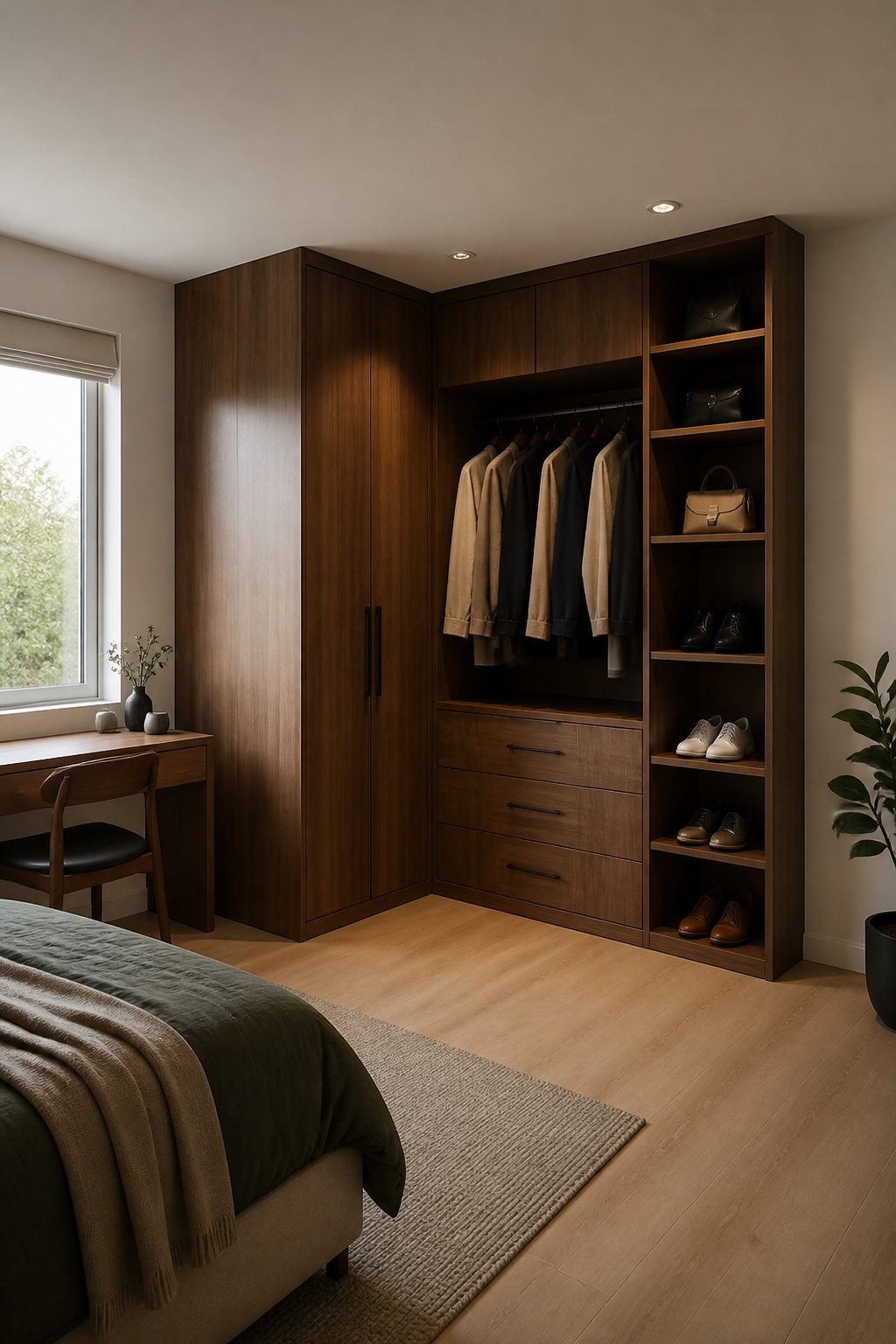 A corner wardrobe fitting snugly into an L-shaped corner.