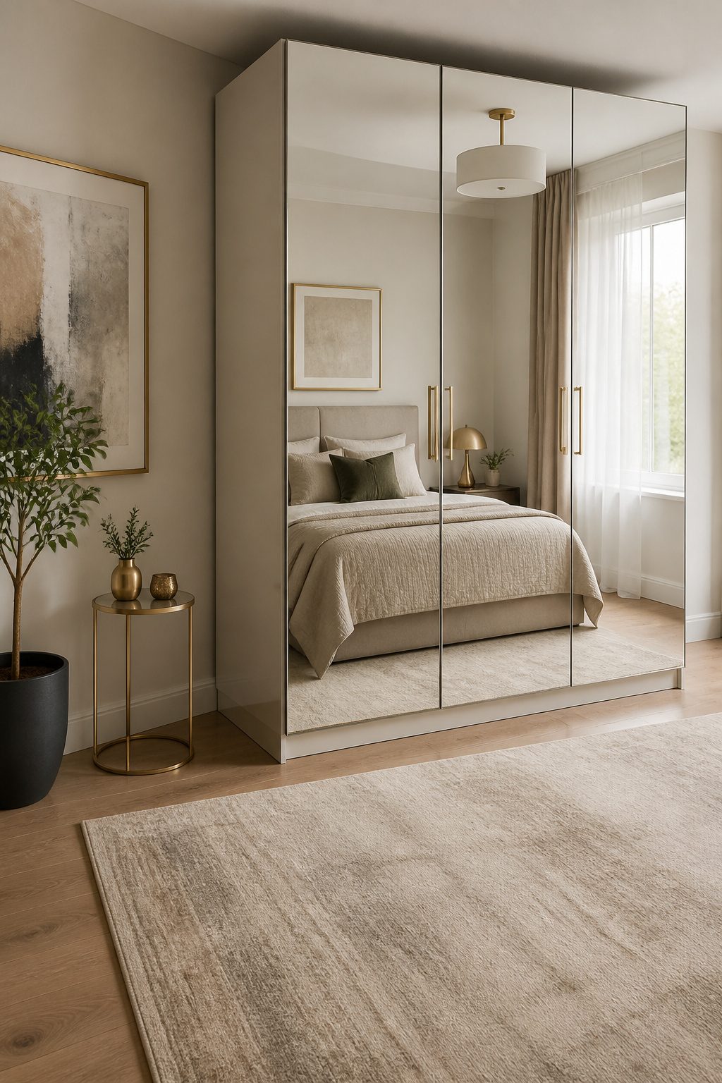 A full-length mirrored wardrobe reflecting the room's decor.