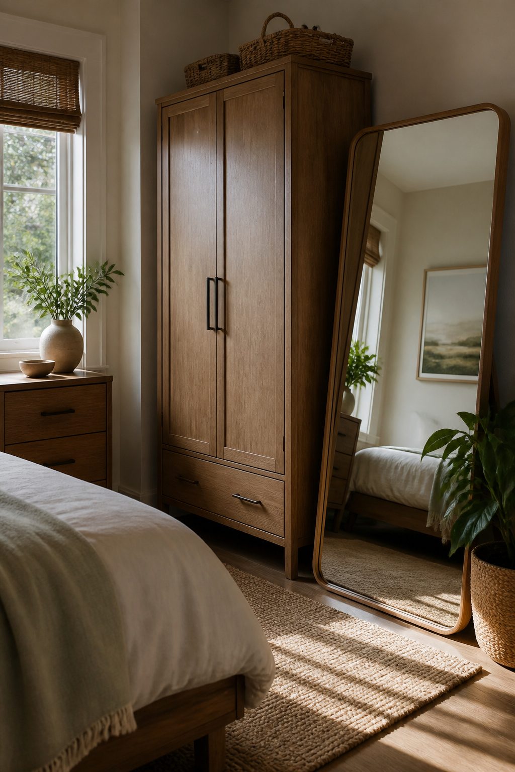 A full-length mirror placed beside a wardrobe in a cozy bedroom.